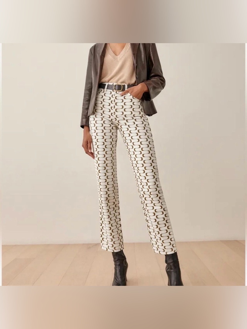 Reformation Cream Straight-Leg Pants with Brown Geometric Print